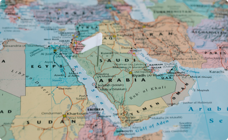 A map showing Saudi Arabia and the Middle East representing certified Arabic translations and Arabic website translation services.